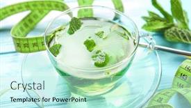  Presentation with loss - Presentation design featuring cup of mint tea and measuring tape on wooden table weight loss concept background and a cool aqua colored foreground