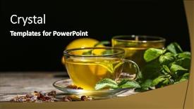  Presentation with black tea - PPT layouts with cup of mint tea on table against black background background and a black colored foreground