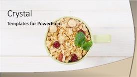  Presentation with granola - Colorful slides enhanced with cup of morning granola with hazelnuts raisins and cranberries on white background backdrop and a white colored foreground
