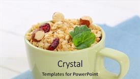  Presentation with granola - Amazing PPT theme having cup of morning granola with hazelnuts raisins and cranberries - close up backdrop and a mint green colored foreground