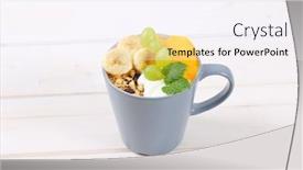  Presentation with fruit yogurt - Presentation theme featuring cup of muesli with yogurt and fresh fruit on white background background and a sky blue colored foreground