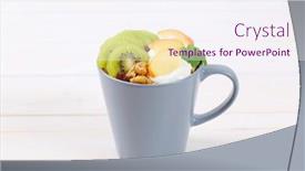  Presentation with fruit yogurt - Presentation theme having cup of muesli with yogurt and fresh fruit on white background background and a sky blue colored foreground