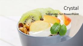 Presentation with fruit yogurt - Colorful presentation theme enhanced with cup of muesli with yogurt and fresh fruit - close up backdrop and a soft green colored foreground