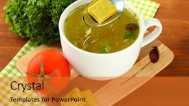  Presentation with soup - Slide deck enhanced with cup of soup with bouillon cubes on wooden table background and a gold colored foreground