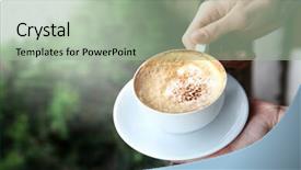  Presentation with cappuccino - PPT theme enhanced with cup of tasty cappuccino with hands on street background background and a mint green colored foreground