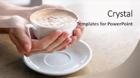  Presentation with cappuccino - Beautiful PPT theme featuring cup of tasty cappuccino with hands on table backdrop and a sky blue colored foreground