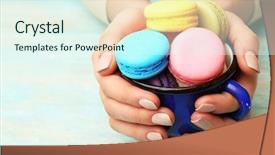  Presentation with colorful hands - Cool new PPT layouts with cup of tasty colorful macaroons in female hands on color wooden background backdrop and a sky blue colored foreground