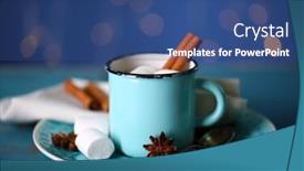  Presentation with cocoa - Cool new presentation theme with cup of tasty hot cocoa on wooden table on shiny background backdrop and a ocean colored foreground
