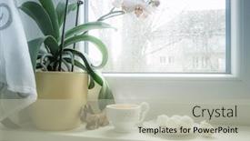  Presentation with rainy day - Slide deck with cup of tea and candy on a rainy day in front of the wet city window background and a light gray colored foreground