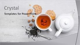  Presentation with cookie - Presentation featuring cup-of-tea-and-teapot background and a light gray colored foreground