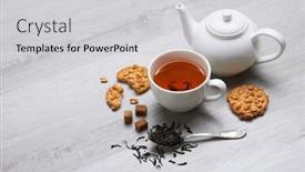  Presentation with cookie - PPT layouts enhanced with cup-of-tea-and-teapot background and a light gray colored foreground