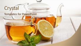  Presentation with glass teapot - PPT layouts having cup of tea glass teapot background and a sky blue colored foreground