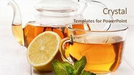  Presentation with tea cup - Presentation design consisting of cup of tea glass teapot background and a sky blue colored foreground