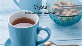  Presentation with sugar cane - Slide deck enhanced with cup of tea milk jug and cane sugar cubes on old blue wooden table background and a light blue colored foreground