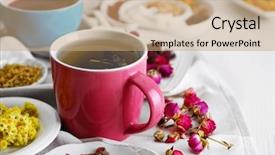 Presentation with organic tea - Slide set consisting of cup of tea with aromatic background and a coral colored foreground
