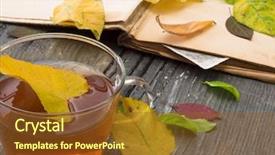  Presentation with tea leaves fresh green leaf - Beautiful PPT theme featuring cup of tea with autumn backdrop and a  colored foreground