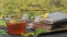  Presentation with tea leaves fresh green leaf - Slides with cup of tea with autumn background and a  colored foreground