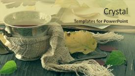  Presentation with tea leaves fresh green leaf - Colorful theme enhanced with cup of tea with autumn backdrop and a  colored foreground