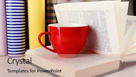  Presentation with tea cup - PPT theme with cup of tea with book background and a coral colored foreground