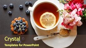  Presentation with afternoon tea - Theme featuring cup of tea with cake background and a tawny brown colored foreground