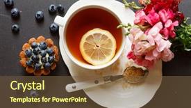  Presentation with afternoon tea - Slide set featuring cup of tea with cake background and a tawny brown colored foreground