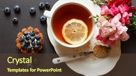  Presentation with tea cake - PPT theme featuring cup of tea with cake background and a tawny brown colored foreground