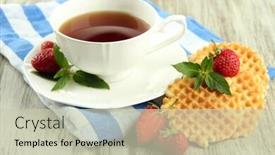  Presentation with strawberries - Presentation theme featuring cup of tea with cookies and strawberries on table close-up background and a soft green colored foreground