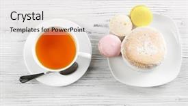  Presentation with cup cake - Slide deck having cup of tea with delicious cake and macaroons background and a light gray colored foreground