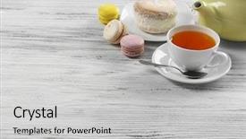  Presentation with tea cake - Presentation design featuring cup of tea with delicious cake and macaroons background and a light gray colored foreground