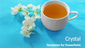  Presentation with tea cup - Colorful slide deck enhanced with cup of tea with jasmine flowers on wooden background backdrop and a teal colored foreground