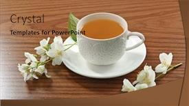  Presentation with jasmine - Slide deck featuring cup of tea with jasmine flowers on wooden background background and a red colored foreground