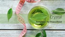  Presentation with weight loss - PPT theme having cup of tea with leaves and measuring tape on wooden table weight loss concept background and a seafoam green colored foreground