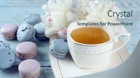  Presentation with tea cup - PPT layouts enhanced with cup of tea with macaroons and peonies on wooden table background and a lemonade colored foreground