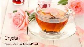  Presentation with pink and white roses - Audience pleasing presentation theme consisting of cup of tea with roses backdrop and a lemonade colored foreground