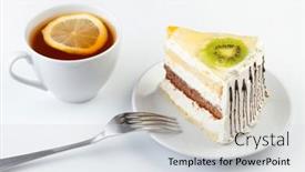 Presentation with tea cake - Slides having cup of tea and a piece of tasty creamy cake with fruits background and a light gray colored foreground