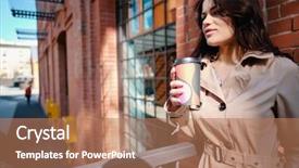  Presentation with cup coffee - Audience pleasing PPT theme consisting of cup posing on street cloudy backdrop and a coral colored foreground