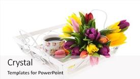  Presentation with tea - Beautiful slides featuring cup tea in cheerful cup with macaroons and flowers on white tray backdrop and a white colored foreground