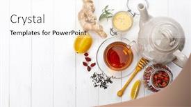 Presentation with ginger lemon drink - Audience pleasing theme consisting of cup-tea-with-honey-lemon backdrop and a white colored foreground
