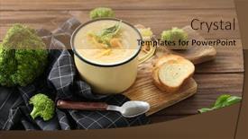  Presentation with cheddar - PPT layouts featuring cup with broccoli cheddar soup on wooden board background and a coral colored foreground