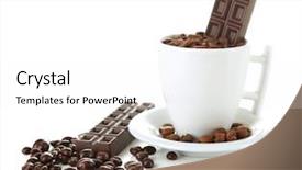  Presentation with coffee chocolate - Presentation theme having cup with coffee beans and dark chocolate glaze isolated on white background and a white colored foreground