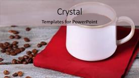  Presentation with grains - Cool new slide deck with cup with hot coffee and roasted coffee grains on napkin on wooden table background backdrop and a light gray colored foreground