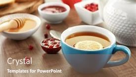  Presentation with hot tea - Amazing PPT theme having cup with hot tea backdrop and a coral colored foreground