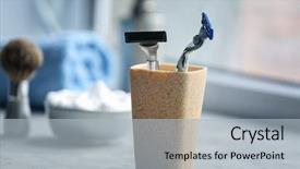  Presentation with shaving - Colorful presentation theme enhanced with cup with shaving razors backdrop and a light gray colored foreground