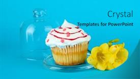  Presentation with cupcake - Cool new slide set with cupcake on saucer with glass cover on color background backdrop and a light gray colored foreground