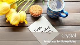  Presentation with coffee cup diary - Colorful presentation enhanced with cupcake tulips and happy monday backdrop and a gray colored foreground