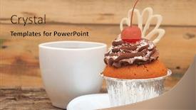  Presentation with cupcake - Audience pleasing PPT layouts consisting of cupcake with chocolate cream and cherry on old wooden background backdrop and a coral colored foreground