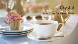  Presentation with tea cup - PPT theme featuring cupcake with pink cream background and a coral colored foreground