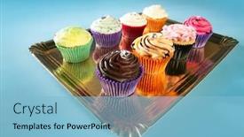  Presentation with muffin - Audience pleasing PPT layouts consisting of cupcakes colorful cream muffin arrangement in golden mirror tray backdrop and a light blue colored foreground