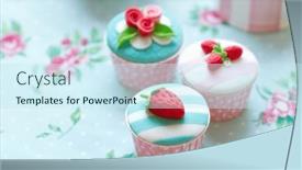  Presentation with pink roses - PPT theme having cupcakes-decorated-with-fondant-strawberries background and a cool aqua colored foreground