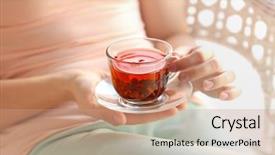  Presentation with cup of lemon tea - Colorful slide deck enhanced with cuping hands background - woman holding cup of tea backdrop and a  colored foreground
